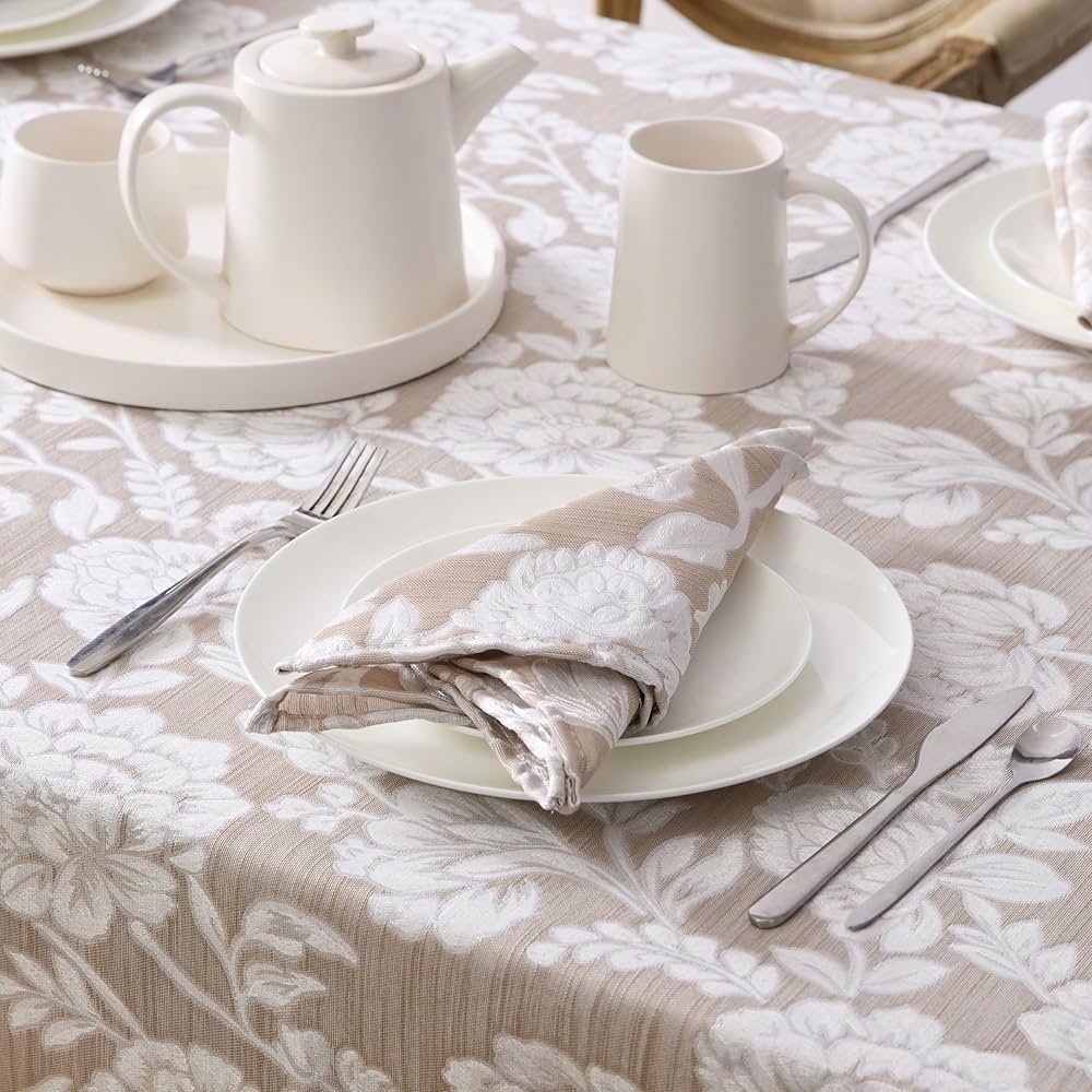 Laura Ashley Annaleigh Tablecloth Jacquard Fabric,Wrinkle Resistant 60"x84"Taupe
